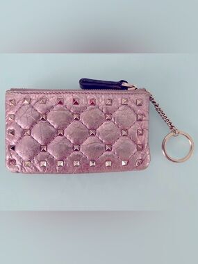Valentino Garavani Metallic Pink Rockstud Quilted Card Holder Wallet